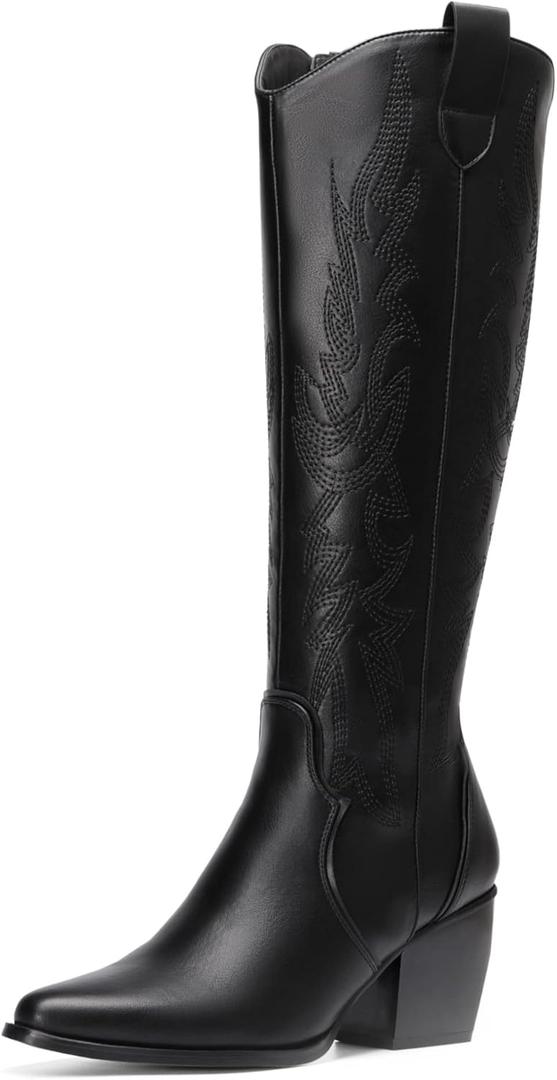 DREAM PAIRS Womens Cowboy Boots Wide Calf Comfortable Pull On Zipper Chunky Heel Pointed Toe Embroidered Western Cowgirl Knee High Boots Girls Ladies Retro Tall Boot (8)