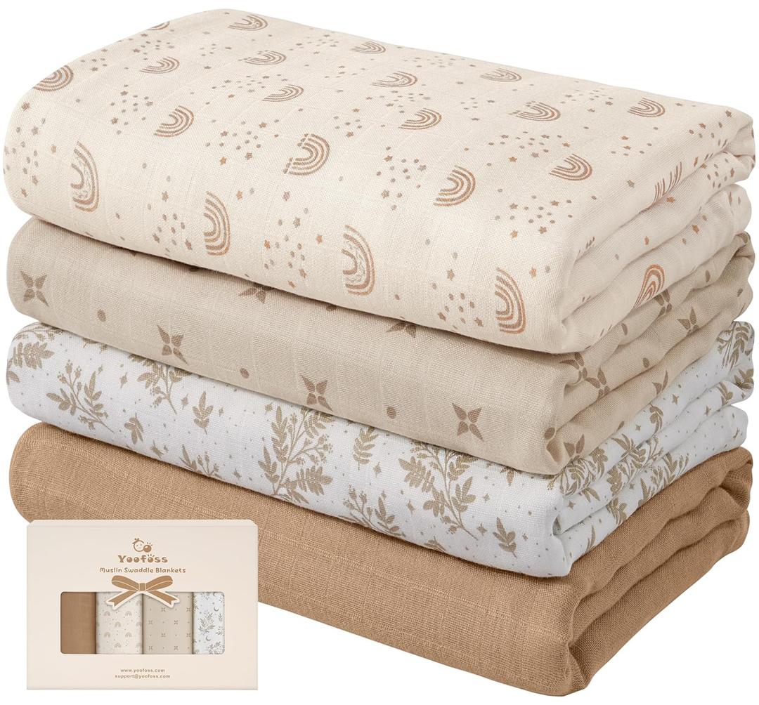 Yoofoss Muslin Swaddle Blankets, 4-Pack Receiving Blankets for Baby Boys and Girls, 47 x 47 Inches Baby Neutral Swaddle Wrap 70% Rayon from Bamboo and 30% Organic Cotton (Coffee & Leaves)