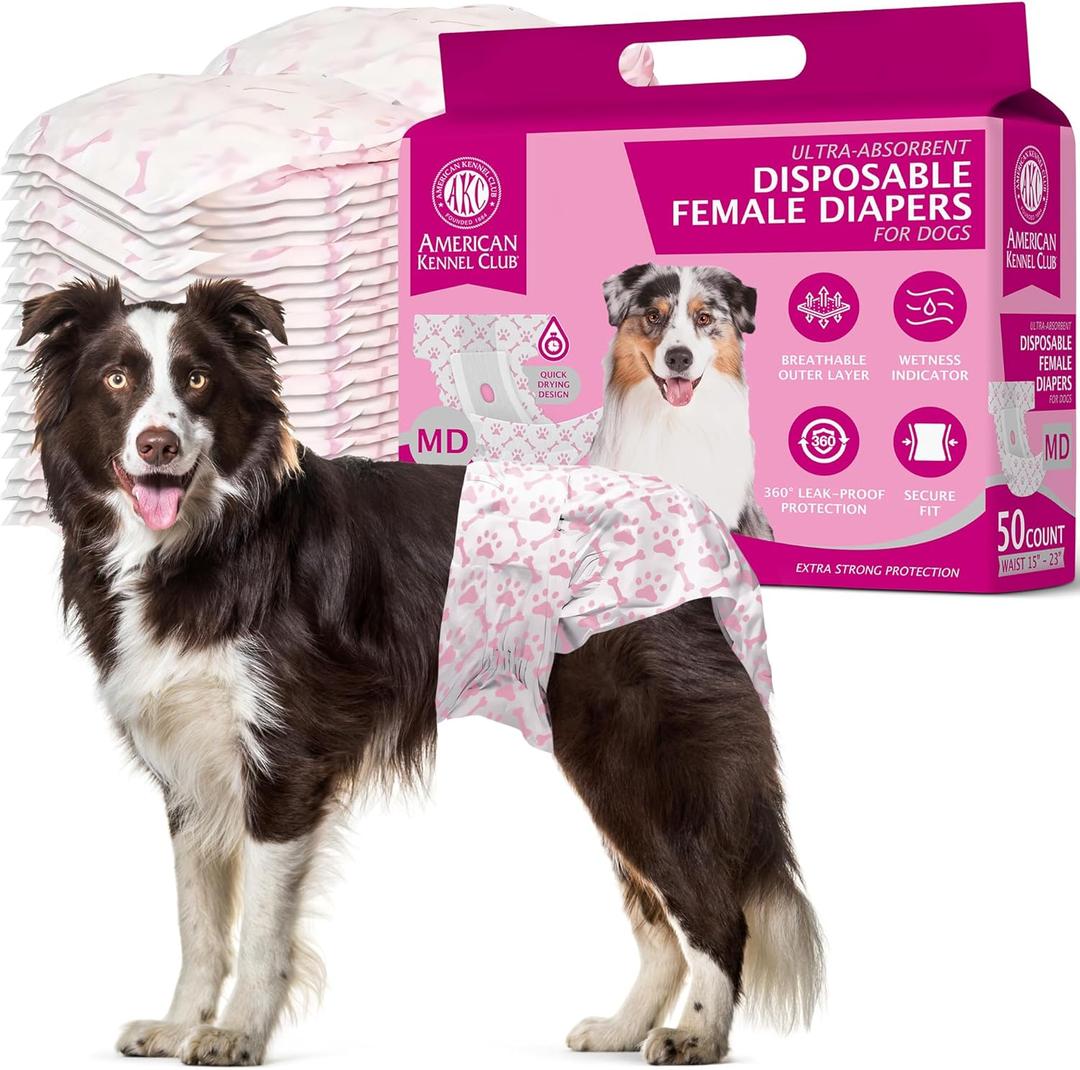 American Kennel Club Female Dog Wrap, Disposable Diapers with Wetness Indicator, Medium, 50 Count (MD Waist Size 15 - 23 in)