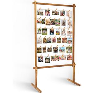 Collage Picture Frame,Photo Display Board with Clips,Wood Pictures Photos Frames With Stand for Wedding Graduation Party Birthday Greeting Letter Postcards Christmas Cards Holder Organizer,53 inch
