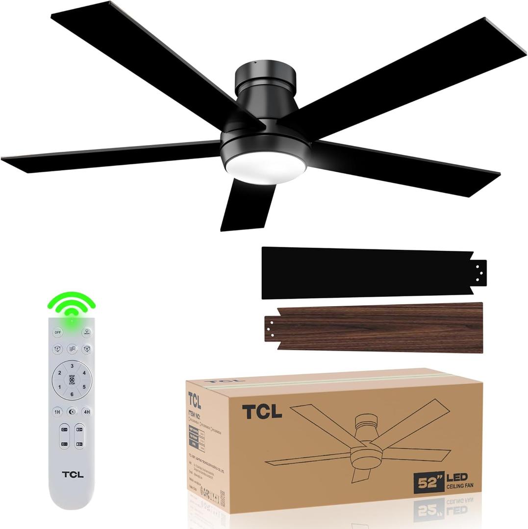 TCL 52" Black Ceiling Fan with Light and Remote, Modern LED 3-Color, Quiet Motor for Bedroom, Living Room, Dining Room, Ceiling Fans with Lights (Black)