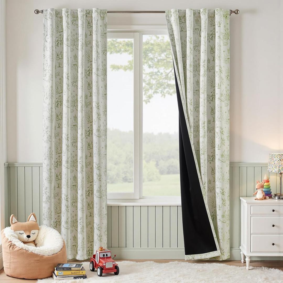 jinchan Blackout Nursery Curtains 84 Inches Long, Bunny Woodland Toile Curtains Sage Green on Beige Animal Printed Drapes for Bedroom Rod Pocket Thermal Insulated Farmhouse Window Treatment 2 Panels