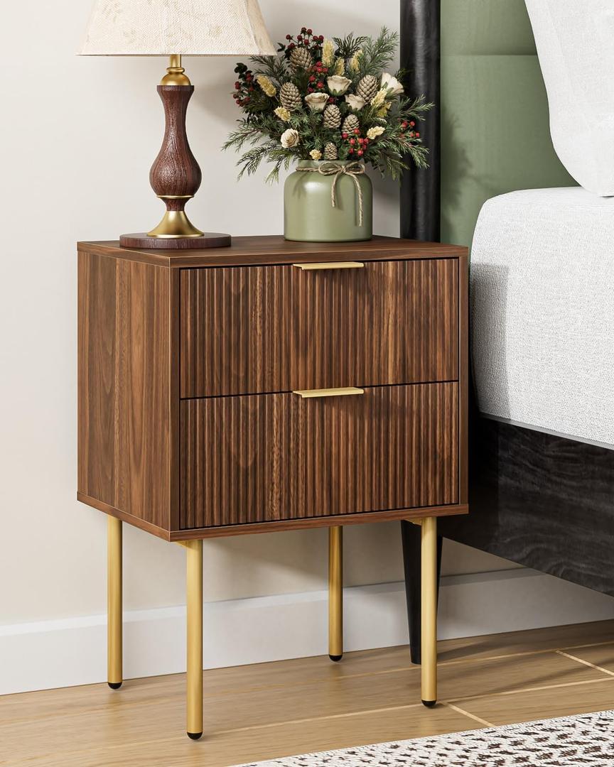 Nightstand,Morden Bedside Table with Gold Frame,Small Night Stand,End Table,Bedside Furniture,Side Table with Drawer and Shelf for Bedroom,Living Room (2Drawers, Walnut Brown)