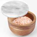 Large Wood Salt Box Salt cellar with Spoon Spice Salt Container salt holder Solid Natural Acacia Base White Grey Marble Lid Decorative Box Bowl Big Capacity Salt Cellar Spice Cellar