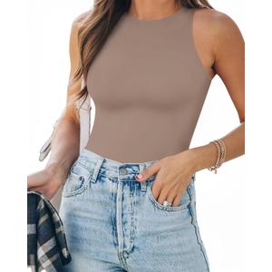 MANGOPOP Tank Top Body Suits Women Sexy Crew Neck Racerback Halter Ribbed Sleeveless Bodysuit for Women (Large, 05-sleeveless Light Coffee)