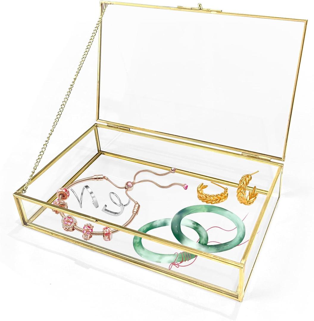 Gold Glass Jewelry Box, Vintage Glass Box with Lid with Chain Rectangle Keepsake Box Trinket Box Card Box Jewelry Display Organizer for Weddings, Events, Birthday Party(8.66x5.31x1.77in)