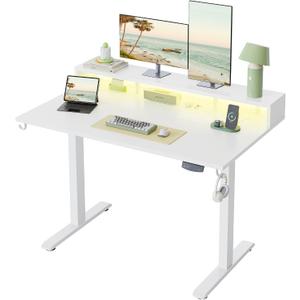 Klicelor Electric Standing Desk with Shelf, 48 Inch Height Adjustable Desk with Power Outlets & LED, Sit Stand Up Table with Monitor Stand, Computer Workstation for Home Office, White, 48 x 24 Inch with shelf, led and power strips