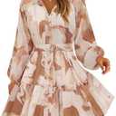ZESICA Womens Floral Long Sleeve Mini Dress Spring Button Chiffon A Line Swing Short Wedding Guest Holiday Party Dresses M