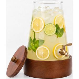 JOVGANK 1.7 Gallon (6.4L) Glass Drink Dispenser with Spigot & Wooden Base - Large Rustic Beverage Dispenser for Parties, Iced Tea, Lemonade, Sangria - Leakproof Drink Pitcher with Base and Lid