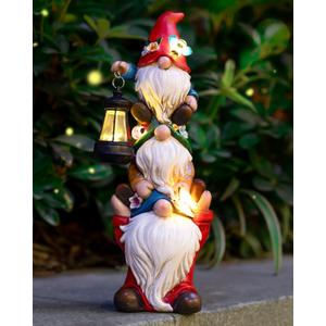 twinbling Garden Gnome Statue with Solar Lights Garden Sculptures Funny Triple Gnome Outdoor Patio Lawn Yard Balcony Home Decor Birthday Gift for Mom Woman Grandma 12 in Summer Gnomes (Multicolor)