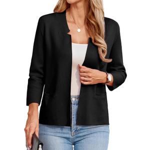 GRACE KARIN Women's 3/ 4 Sleeve Open Front Sweaters Cardigan Lightweight Short Sweater Blazer Jackets for Women XL Black