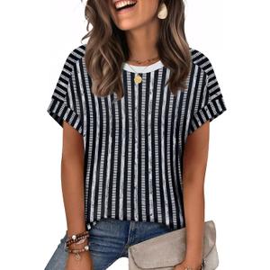 WIHOLL Womens Tops Summer Outfits Spring Clothes Short Sleeve Tshirts Shirts 2026 Fashion Business Casual Lightweight Blouses, Black Stripes, XL