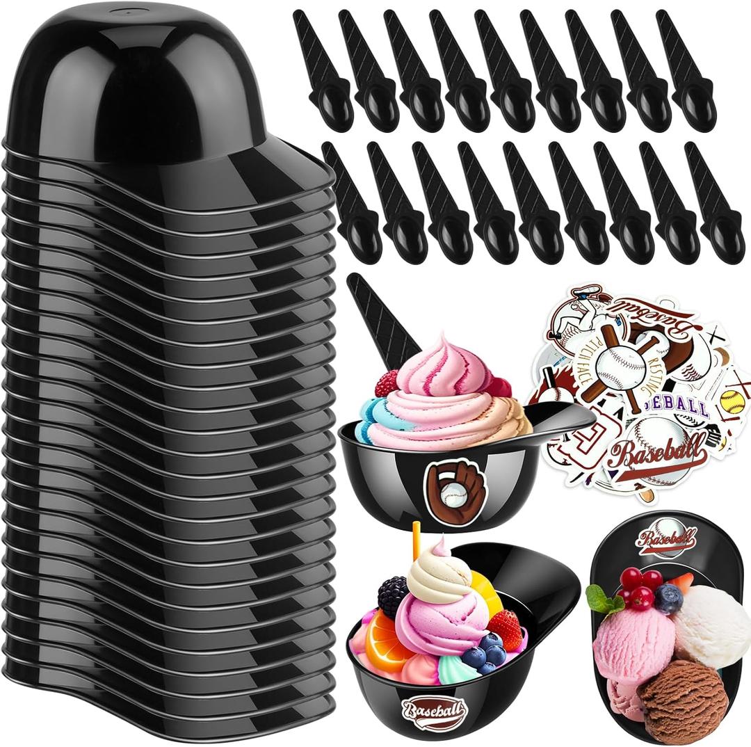 MEEZY 50 Set Baseball Helmet Ice Cream Bowls with 25 Mini Dessert Cups and 25 Spoons, 8oz Reusable Baseball Cap Snack Dessert Cup Bowls Baseball Party Favors for Kids Sports Birthday Party Supplies