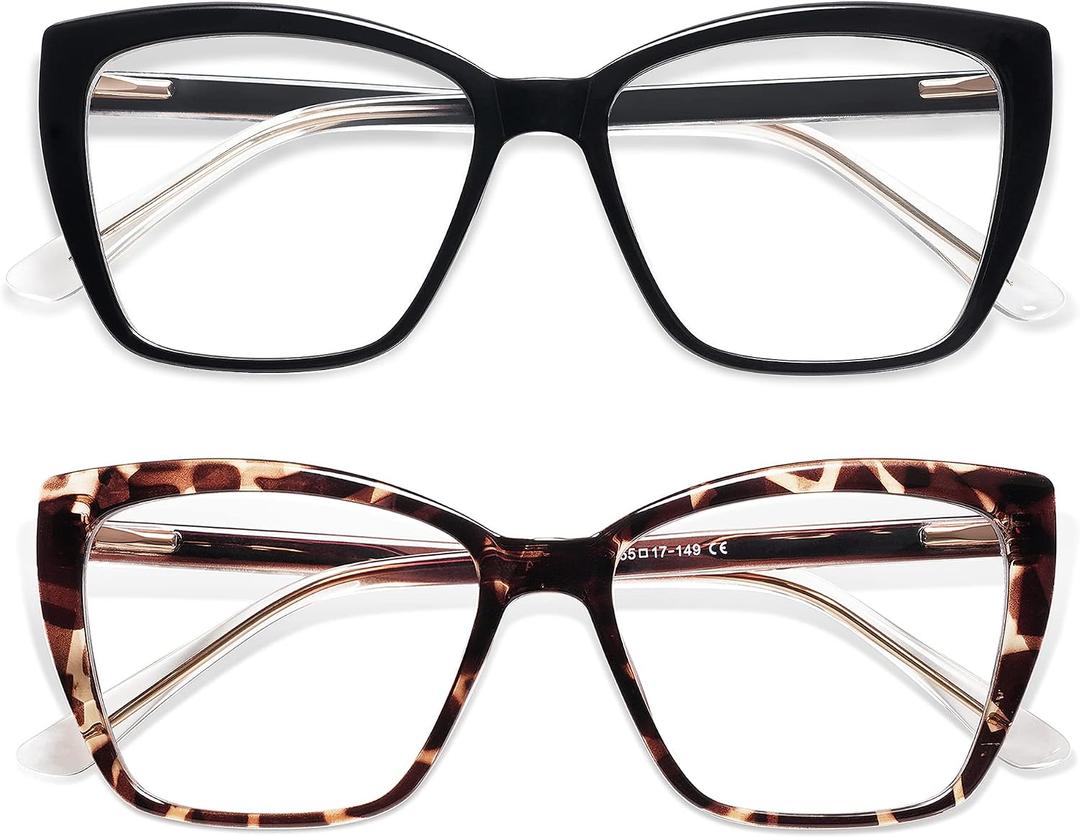 AMOMOMA Trendy TR90 Oversized Blue Light Reading Glasses Women,Stylish Square Cat Eye Glasses AM6031 C1+C6 1.5 x