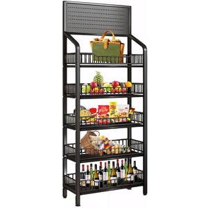 5 Tier Retail Display Rack, Snack Organizer Stand With Wheels & Hooks, Candy Potato Chip Metal Wire Display Shelf Cart for Supermarket and Home Kitchen, Black (23.6x10.6x67in)