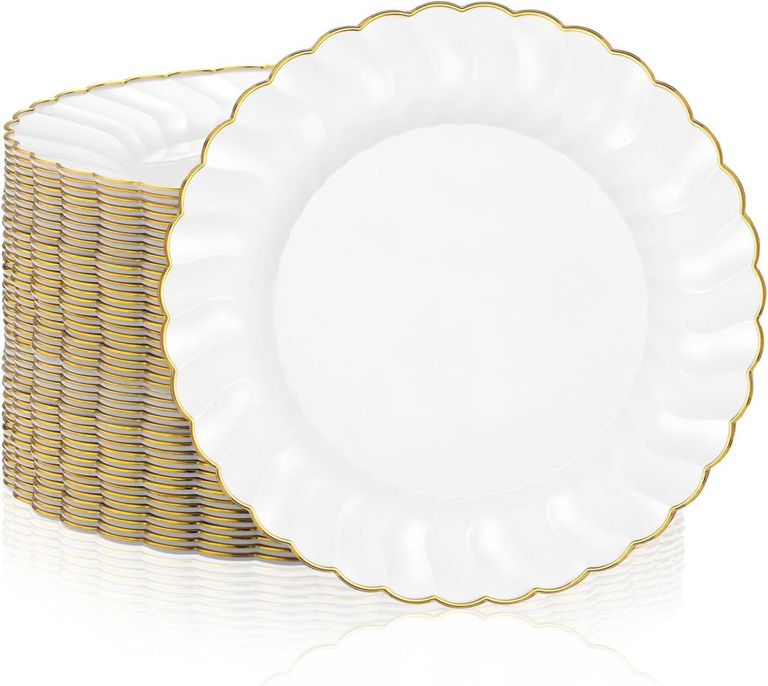 Hushee 100 Pcs Plastic Plates with Gold Trim 6'' Small Round Disposable Vintage Dessert Plates for Party Birthday Buffet Wedding Catering Celebration Reception (White)