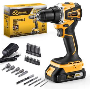 20V Brushless Cordless Drill/Driver, Compact Power Drill Set, Yellow Rechargeable Lithium-Ion Drill Kit, including 2.0Ah Battery, Charger and 3/8-inch Keyless Chuck
