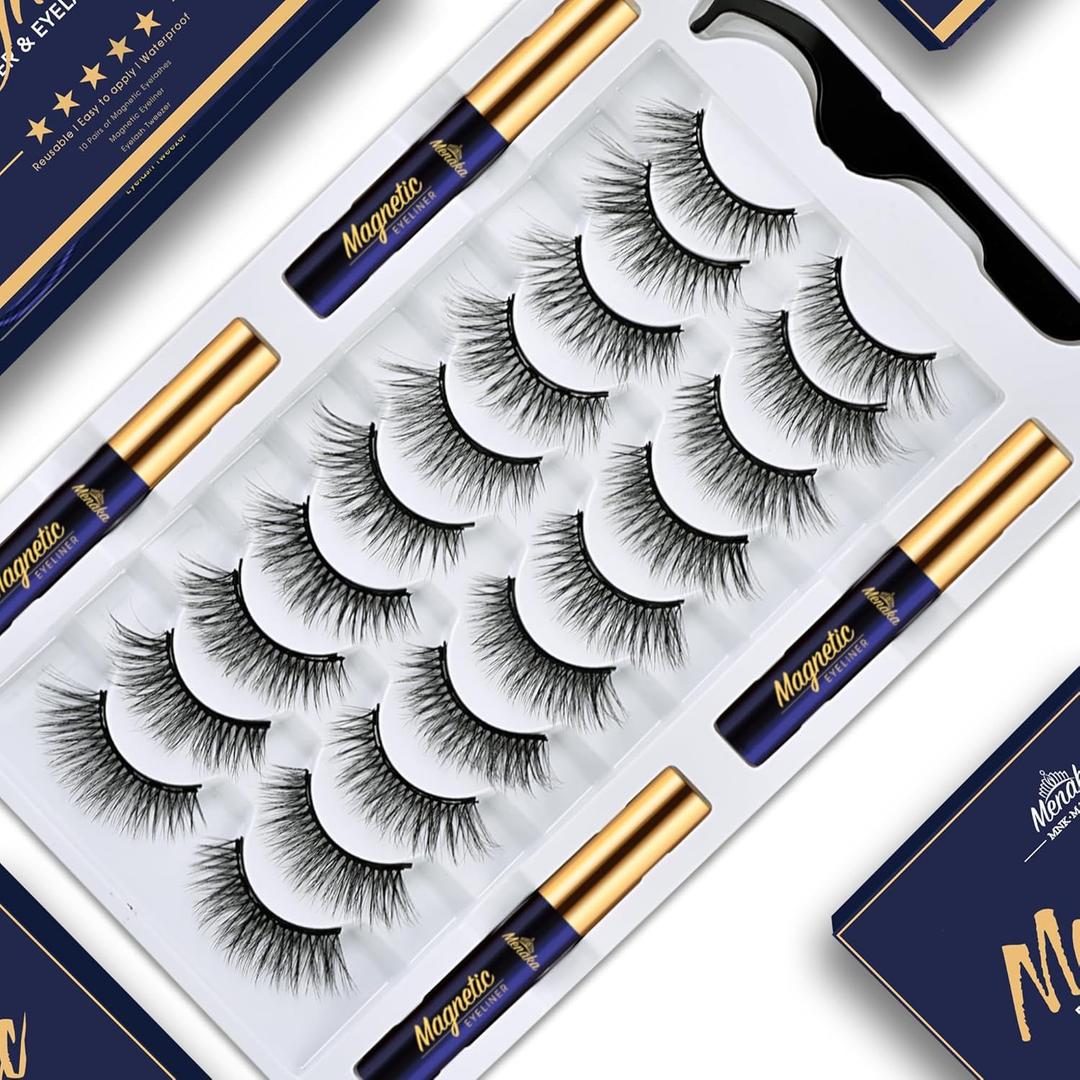 Menaka Magnetic Eyelashes Natural Look, 10 Pairs 3D Magnetic Lashes Kit Updated Strongest Waterproof.Reusable Magnet Fake Eyelash (Wispy Cat-Eye Magnetic Eyelashes Kit)