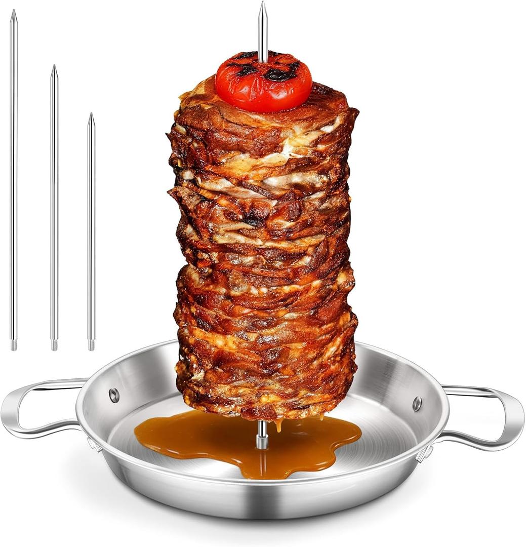 P&P CHEF Shawarma Pan for Grill, Al Pastor Skewer Stainless Steel, 10 Vertical Skewer Pan with 3 Spikes (8/10"/12) for Tacos Al Pastor Chicken, Smoker, Oven Safe & Dishwasher Safe