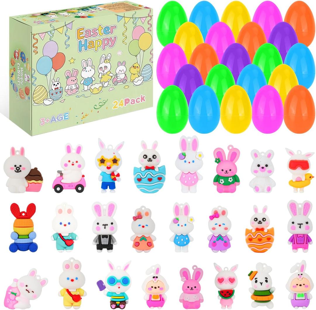 24 Pcs Easter Eggs Filled with Bunny Figurines SetPrefilled Easter Egg Party FavorsEaster Bunny Figurines Basket Stuffers Fillers, Party Favors and Classroom Prize Supplies