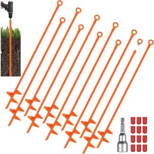 Lasnten 12 Pcs 30 Inch Heavy Duty Ground Anchor Spiral Blade Earth Anchor Kit Metal Anchor Hook Beach Sand Stakes Camping for Securing Animals, Shelters, Tents, Canopies (Orange)