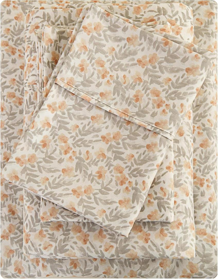 Viviland Floral Queen Sheet Set - 4 Piece Vintage Light Orange Flower Patterned Bed Sheets - Soft, Breathable Microfiber Sheets with Deep Pocket, Non-Slip Fitted Sheets & Pillowcases