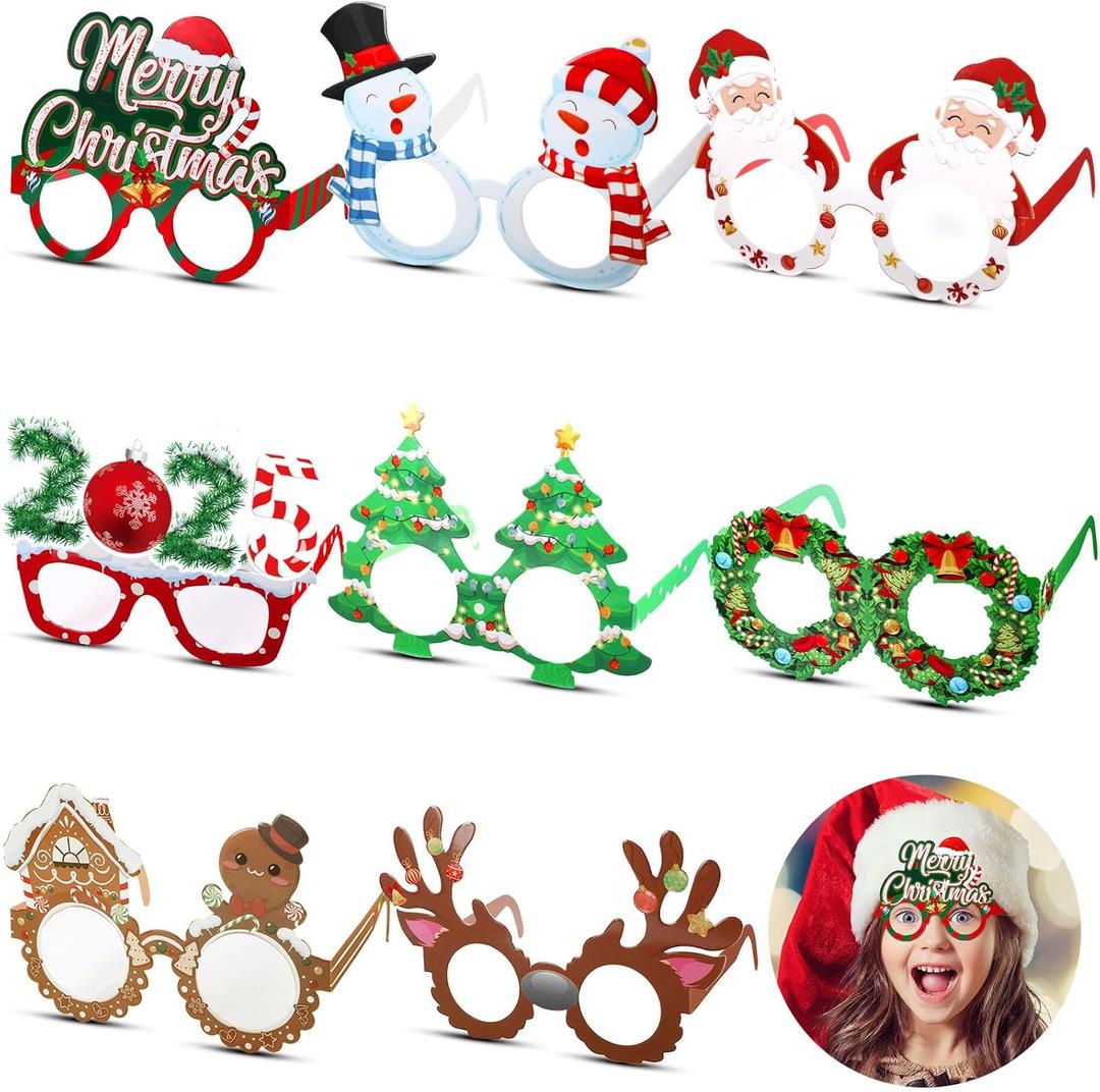 Sumind 32 Pcs Christmas Paper Eyeglasses 2025 Reindeer Antlers Santa Snowman Xmas Glasses Frame Costume Decoration for Christmas Party Season Theme Holiday Party Supplies Photo Booth Props Accessories
