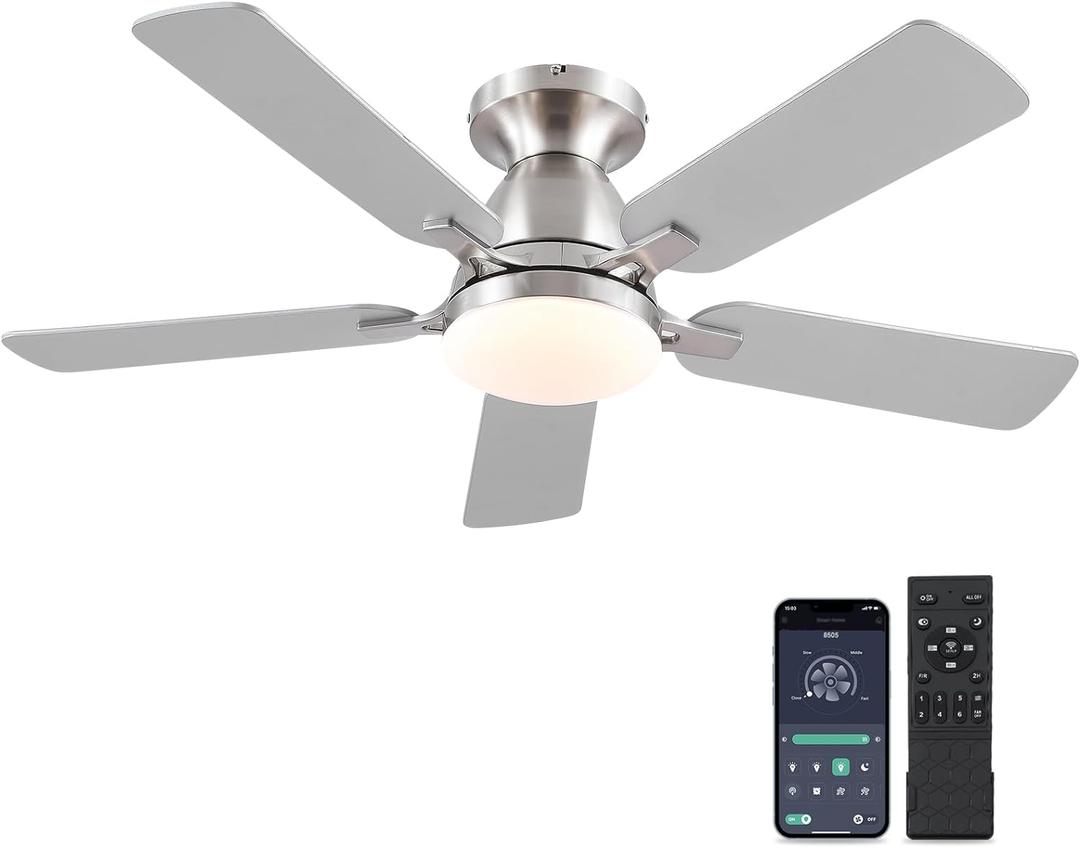 Ceiling Fans with Lights and Remote/APP Control,46" Flush Mount Ceiling Fan Dimmable DC MotorLow Profile Ceiling Fan for Bedroom,Living Room,Brushed Nickel