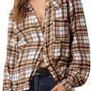 Tankaneo Womens Peter Pan Collar Button Down Shirts Long Sleeve Plaid Blouse Dressy Casual Fall Tops (L, Brown)