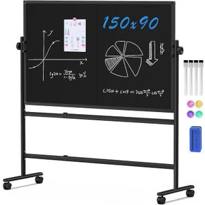 ZHIDIAN Rolling Chalkboard Double-Sided 60 x 36, Large Magnetic Blakc Dry Erase Board with Stand, Movable Blackboard for Office, School, Home