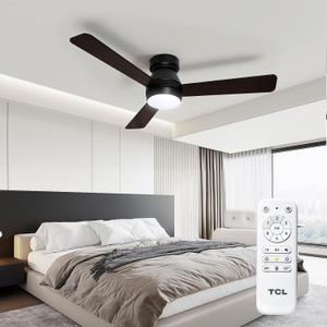 TCL Ceiling Fans with Lights, 42 inch 3 blades Low Profile and Remote Control, Reversible, Flush Mount, 3CCT, Dimmable, Noiseless, Black Ceiling Fan for Bedroom, Indoor/Outdoor Use (Black, 42 Inch)