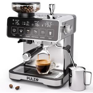 PULZO Espresso Machine with Grinder, 20 Bar Professional Coffee Machine, All-in-One Stainless Steel Coffee Maker with Milk Frother, to Make Latte, Cappuccino, 67oz Detachable Water Tank