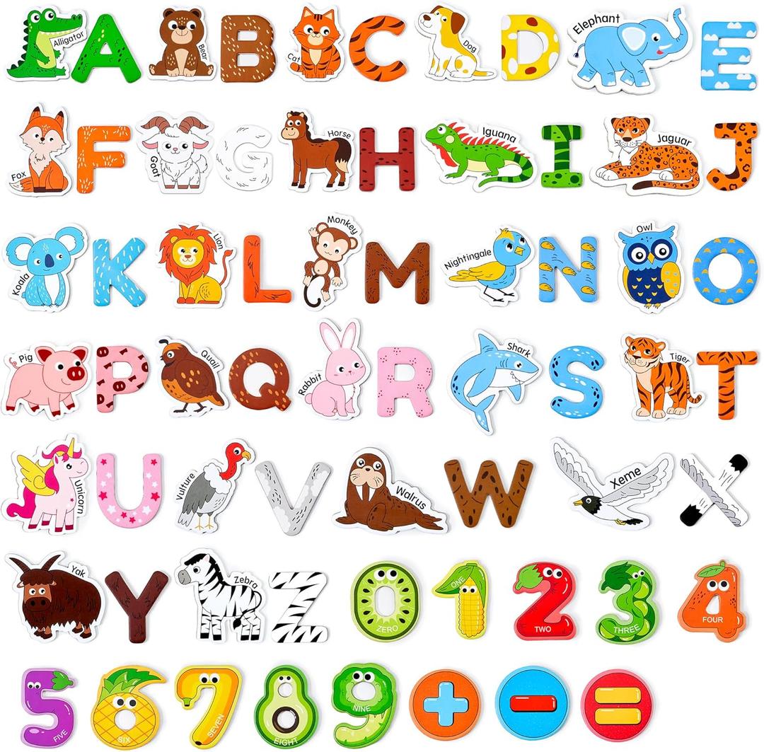 JoyCat Wooden Kids Magnets  26 Cute Animals, Alphabet Uppercase Letters, and 0-9 Numbers, Fridge Magnets for Toddlers, Fun Educational Spelling Learning Gift for Toddlers & Kids
