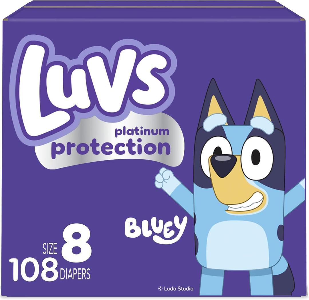Luvs Size 8 Baby Diapers, Platinum Protection Bluey Diapers for Day & Night,Size 8, 108 Count