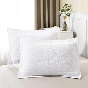 WINLIFE 100% Cotton Quilted Pillow Sham Floral Printed Pillow Cover King Size, Set of 2, White