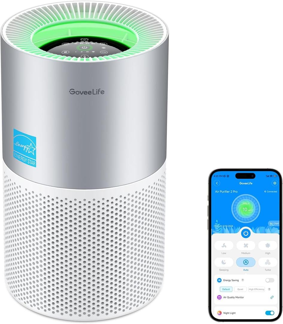 GoveeLife Smart Air Purifier for Homes and Large Rooms with Detachable Pre-filter, Air Quality Monitor, Covers up to 1162ft, PM2.5 Sensor, App & Alexa Control for Pet Hair, Pollen, Dust, and Smoke
