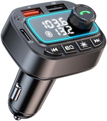 Bluetooth 5.3 Car Adapter FM Transmitter, 42W (PD30W & 12W) USB C Car Charger Wireless Radio Receiver, Hands-Free Calling MP3 Audio Player Cars Kit, Light Switch & Fast Charging & Deep Bass (Black)