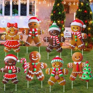 8 Pcs Christmas Gingerbread Man Yard Signs with Stakes Outdoor 3D Gingerbread House Decoration Xmas Yard Stakes Lawn Signs for Christmas Holiday Pathway Garden Patio Party Favors(Classic)