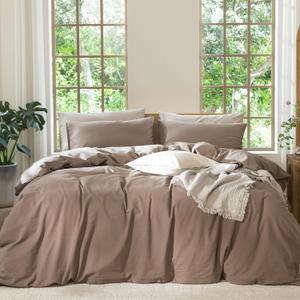 MooMee Bedding Duvet Cover Set 100% Washed Cotton Linen Like Textured Breathable Durable Soft Comfy (Solid Brown, King 104"x90")