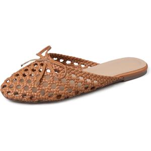 Synchoiss Woven Flat Sandals for Women Slip on Mesh Flats with Bow Knot Decoration Round Toe Espadrilles Slides Summer Mules Trendy (9.5, Brown)