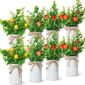 Dandat 8 Pieces Artificial Fruit Plants with Vase Strawberry Centerpieces for Tables Fake Lemon Orange Peach for Summer Kitchen Home Table Centerpieces Farmhouse Decoration