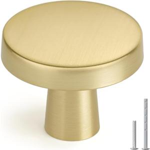 Homdiy 10 Pack Gold Cabinet Knobs Round Brushed Brass Kitchen Handles Zinc Alloy Metal Hardware for Dresser Drawer Desk Cupboard