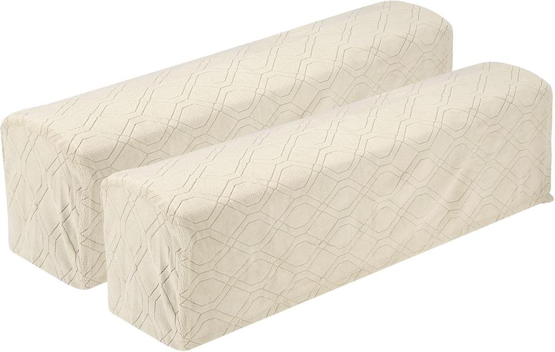 Uxcell 2Pcs Stretch Armrest Covers, Chenille Soft Armchair Slipcovers Couch Recliner Arm Cover with Twist Pins for Chair Sofa Protector, Cream