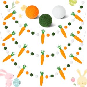 Peryiter 3 Pcs Easter Felt Garland Carrot Felt Ball Garland Decorations 8.2 ft Carrot Banner Colorful with 24 Pompom Balls Ornaments for Easter Party Mantle Wall Home Indoor Outdoor Decorations