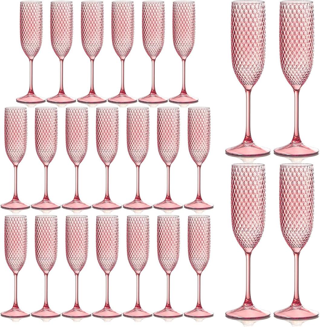 Plastic Champagne Flutes Champagne Glasses Unbreakable Wedding Toasting Glasses Reusable Diamond Glasses Crystal Clear Party Cups Vintage Drinking Glasses 5.5 OZ for Wedding (24, Pink)