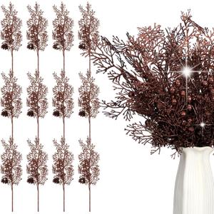 Tigeen 12 Pcs Christmas Tree Picks Bulk Artificial Christmas Tree Filler Glitter Berries Stems Branches Floral Decorations 15.75'' Xmas Sprays Twigs Berry Picks for Vase (Brown)