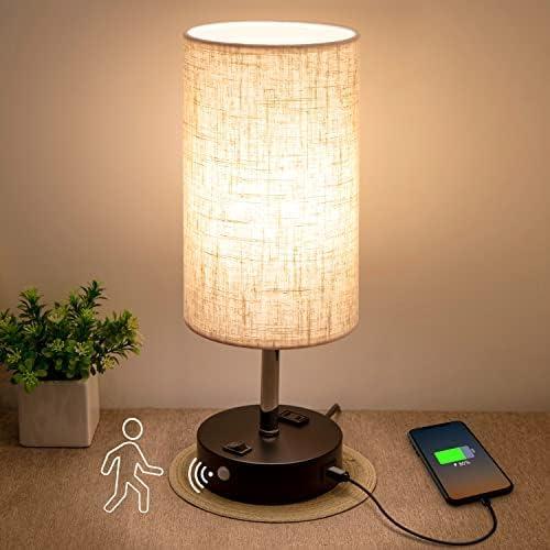 Table Lamp with Motion Sensor and Constant on Mode, USB Lamp Include Warm White Bulb, Built in USB Port & AC Outlet, Bedside Lamp Idea for Bedroom Retro Cream