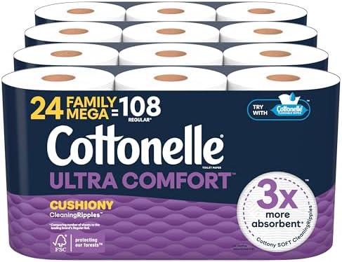 Cottonelle Ultra Comfort Toilet Paper with Cushiony CleaningRipples Texture, Strong Bath Tissue, 24 Family Mega Rolls (24 Family Mega Rolls = 108 Regular Rolls) (4 Packs of 6), 296 Sheets per Roll