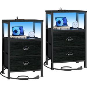 Furologee Nightstands Set of 2, End Tables with Charging Station and LED Lights, Black Night Stands with 2 Fabric Drawers, Bedside Tables Set of 2 for Living Room/Bedroom,Black Oak