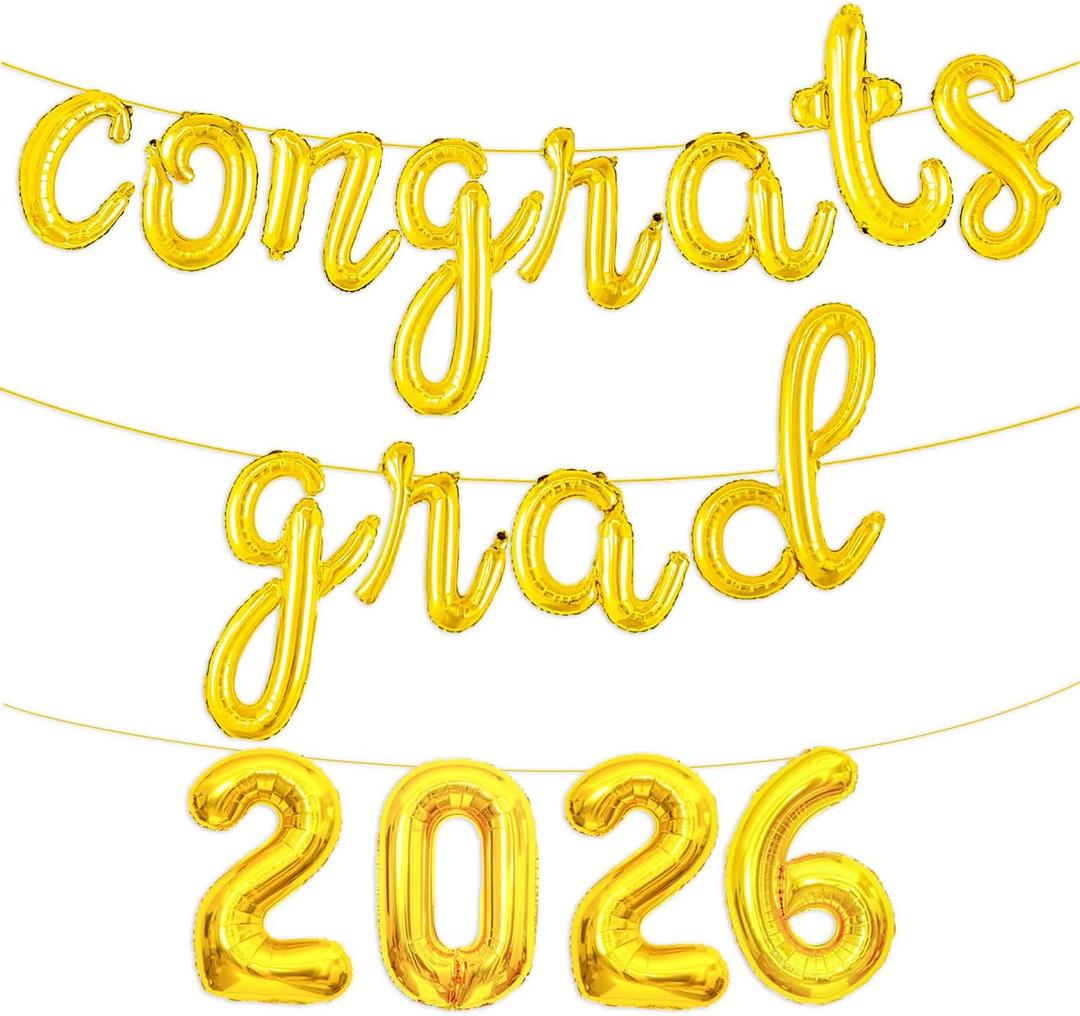 2 x Gold Congrats Grad 2026 Balloons, 16 Inch Congrats Grad Balloon 2026 Graduation Balloons for College High School Preschool Graduation Decorations 2026
